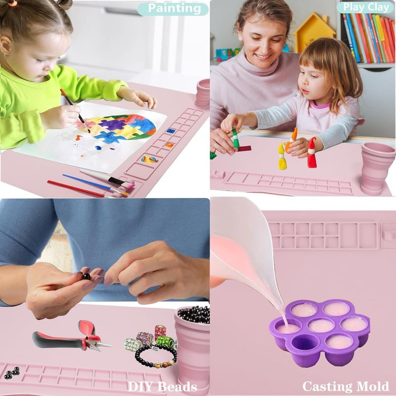 Patpot Silicone Painting Mat, 20"x 16" Silicone Art Mat with Cup, Kids Painting mat for Resin, DIY, Drawing Resin, Paint, Clay， Large Craft Art Mat, (Pink) - Image 5